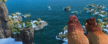 Movie still from “Ice Age: Continental Drift” (2012), directed by Michael Thurmeier – An image of an animated scene of an island in the ocean; Extreme Wide shot, High angle