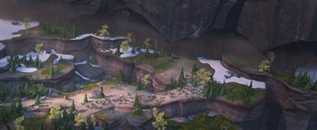 Movie still from “Ice Age: Continental Drift” (2012), directed by Michael Thurmeier – An aerial view of a rocky area with trees and a river; Extreme Wide shot, High angle