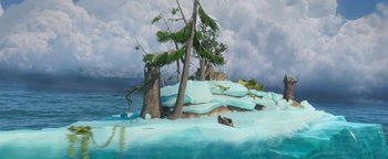 Movie still from “Ice Age: Continental Drift” (2012), directed by Michael Thurmeier – A painting of trees on a rocky island; Extreme Wide shot, High angle