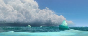 Movie still from “Ice Age: Continental Drift” (2012), directed by Michael Thurmeier – An image of an ocean with a cloudy sky in the background; Extreme Wide shot, Low angle