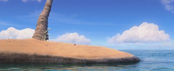 Movie still from “Ice Age: Continental Drift” (2012), directed by Michael Thurmeier – An image of an ocean with a sand dune in the background; Extreme Wide shot, Low angle