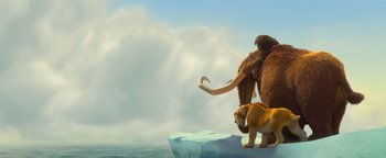 Movie still from “Ice Age: Continental Drift” (2012), directed by Michael Thurmeier – An ice age scene with a mammoth and a lion; Wide shot, Low angle