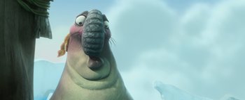 Movie still from “Ice Age: Continental Drift” (2012), directed by Michael Thurmeier – An animated elephant with a long nose and long tusks; Close Up shot, Low angle