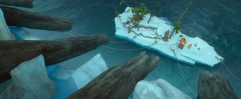 Movie still from “Ice Age: Continental Drift” (2012), directed by Michael Thurmeier – An island in the middle of the ocean with trees growing on it; Extreme Wide shot, Overhead angle