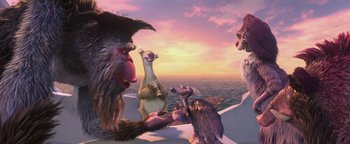 Movie still from “Ice Age: Continental Drift” (2012), directed by Michael Thurmeier – A group of ice age animals sitting on top of a cliff; Wide shot, Low angle