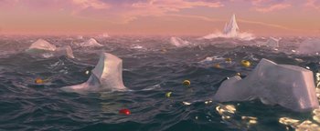 Movie still from “Ice Age: Continental Drift” (2012), directed by Michael Thurmeier – An image of an ocean that has a lot of garbage in it; Extreme Wide shot, High angle