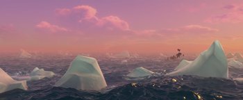 Movie still from “Ice Age: Continental Drift” (2012), directed by Michael Thurmeier – An image of an ocean that has a lot of ice in it; Extreme Wide shot, High angle