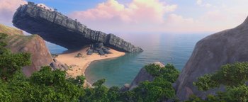 Movie still from “Ice Age: Continental Drift” (2012), directed by Michael Thurmeier – An image of an ocean with a cliff and a beach; Extreme Wide shot, High angle