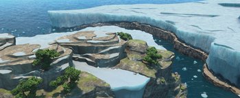 Movie still from “Ice Age: Continental Drift” (2012), directed by Michael Thurmeier – An aerial view of a frozen lake and a rock formation; Extreme Wide shot, High angle