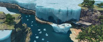 Movie still from “Ice Age: Continental Drift” (2012), directed by Michael Thurmeier – An ice floe in the middle of a lake; Extreme Wide shot, Overhead angle