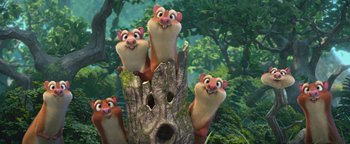 Movie still from “Ice Age: Continental Drift” (2012), directed by Michael Thurmeier – A group of cartoon squirrels sitting on top of a tree stump; Wide shot, Low angle