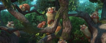 Movie still from “Ice Age: Continental Drift” (2012), directed by Michael Thurmeier – A couple of animals that are sitting on a tree branch; Wide shot, Low angle