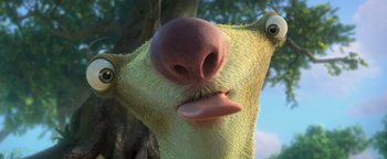 Movie still from “Ice Age: Continental Drift” (2012), directed by Michael Thurmeier – The face of an animal with its tongue hanging out; Extreme Close Up shot, Low angle