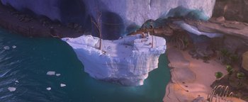 Movie still from “Ice Age: Continental Drift” (2012), directed by Michael Thurmeier – An image of an ice cave with trees in the water; Extreme Wide shot, Overhead angle
