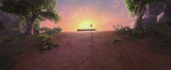 Movie still from “Ice Age: Continental Drift” (2012), directed by Michael Thurmeier – An image of an empty field with a sunset in the background; Extreme Wide shot, High angle