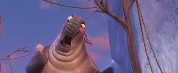 Movie still from “Ice Age: Continental Drift” (2012), directed by Michael Thurmeier – An animal with a branch hanging from a tree; Extreme Close Up shot, Low angle