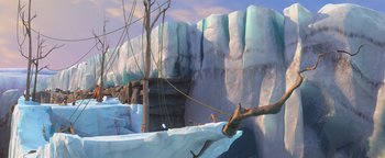 Movie still from “Ice Age: Continental Drift” (2012), directed by Michael Thurmeier – An animated scene of a boat in the middle of a frozen lake; Extreme Wide shot, High angle