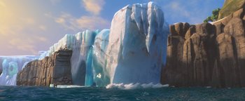 Movie still from “Ice Age: Continental Drift” (2012), directed by Michael Thurmeier – A large iceberg in the middle of a body of water; Extreme Wide shot, Low angle