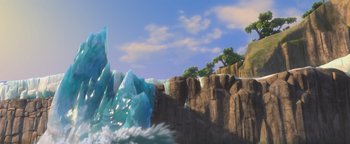 Movie still from “Ice Age: Continental Drift” (2012), directed by Michael Thurmeier – An image of an ocean with a waterfall and rocks; Extreme Wide shot, High angle