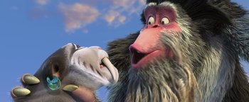 Movie still from “Ice Age: Continental Drift” (2012), directed by Michael Thurmeier – A monkey and a bird; Close Up shot, Low angle