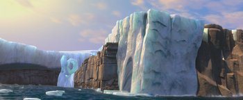 Movie still from “Ice Age: Continental Drift” (2012), directed by Michael Thurmeier – An animated picture of a large rock cliff; Extreme Wide shot, Low angle