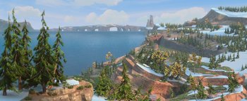 Movie still from “Ice Age: Continental Drift” (2012), directed by Michael Thurmeier – An artistic rendering of a lake with a bridge in the background; Extreme Wide shot, High angle