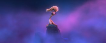 Movie still from “Ice Age: Continental Drift” (2012), directed by Michael Thurmeier – An image of an animated character with a long blond hair; Medium shot, Low angle