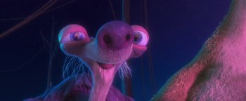 Movie still from “Ice Age: Continental Drift” (2012), directed by Michael Thurmeier – An animal with big pink eyes is looking at the camera; Extreme Close Up shot, Low angle