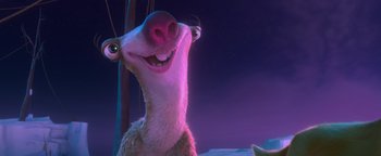 Movie still from “Ice Age: Continental Drift” (2012), directed by Michael Thurmeier – An animal with a pink nose is looking at the camera; Close Up shot, Low angle