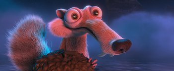 Movie still from “Ice Age: Continental Drift” (2012), directed by Michael Thurmeier – An ice age character is looking at the camera; Close Up shot, High angle