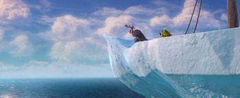 Movie still from “Ice Age: Continental Drift” (2012), directed by Michael Thurmeier – A bird sitting on top of an iceberg in the middle of the ocean; Extreme Wide shot, High angle