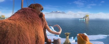 Movie still from “Ice Age: Continental Drift” (2012), directed by Michael Thurmeier – An ice age scene with two ice age animals; Wide shot, Low angle