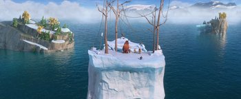 Movie still from “Ice Age: Continental Drift” (2012), directed by Michael Thurmeier – An animated scene of a bird sitting on a rock; Extreme Wide shot, High angle