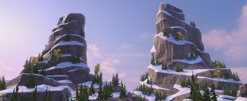 Movie still from “Ice Age: Continental Drift” (2012), directed by Michael Thurmeier – An image of a mountain with a lot of snow on it; Extreme Wide shot, High angle