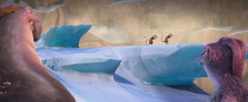 Movie still from “Ice Age: Continental Drift” (2012), directed by Michael Thurmeier – Three mice are walking on the ice in the water; Wide shot, High angle