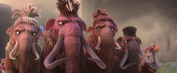 Movie still from “Ice Age: Continental Drift” (2012), directed by Michael Thurmeier – View of a group of elephants; Close Up shot, Low angle