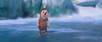 Movie still from “Ice Age: Continental Drift” (2012), directed by Michael Thurmeier – An animated character standing in front of an ice cave; Medium shot, High angle