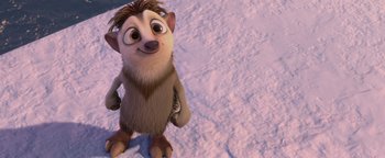 Movie still from “Ice Age: Continental Drift” (2012), directed by Michael Thurmeier – An animated character standing in the middle of a snowy field; Medium shot, High angle