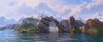 Movie still from “Ice Age: Continental Drift” (2012), directed by Michael Thurmeier – An image of an animated scene with a waterfall and rocks; Extreme Wide shot, Low angle