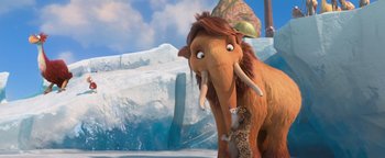 Movie still from “Ice Age: Continental Drift” (2012), directed by Michael Thurmeier – An ice age movie scene with a woolly mammoth and a hedgehog; Medium shot, Over the shoulder angle
