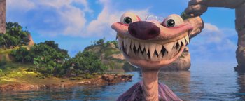 Movie still from “Ice Age: Continental Drift” (2012), directed by Michael Thurmeier – An animal with a big smile on its face; Close Up shot, High angle