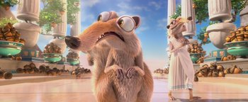 Movie still from “Ice Age: Continental Drift” (2012), directed by Michael Thurmeier – An ice age character is standing in front of a statue; Close Up shot, Low angle