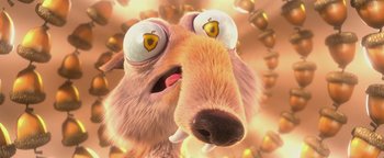 Movie still from “Ice Age: Continental Drift” (2012), directed by Michael Thurmeier – An animated dog with two eyes and a nose; Extreme Close Up shot, High angle