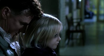 Movie still from “I Am Sam” (2001), directed by Jessie Nelson – A man and a little girl looking at each other; Close Up shot, Over the shoulder angle