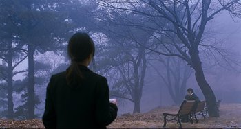 Movie still from “I Saw the Devil” (2010), directed by Jee-woon Kim – A woman standing in front of a bench in a foggy park; Wide shot, Over the shoulder angle