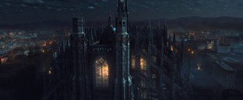 Movie still from “I, Frankenstein” (2014), directed by Stuart Beattie – An image of a dark city at night time; Extreme Wide shot, Low angle