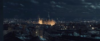 Movie still from “I, Frankenstein” (2014), directed by Stuart Beattie – A view of a city at night with a church in the background; Extreme Wide shot, High angle
