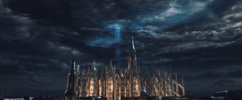 Movie still from “I, Frankenstein” (2014), directed by Stuart Beattie – A dark sky with a large cathedral in the background; Extreme Wide shot, Low angle