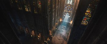 Movie still from “I, Frankenstein” (2014), directed by Stuart Beattie – A view of a cathedral from above looking down; Extreme Wide shot, Overhead angle