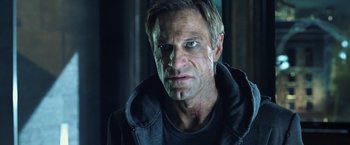 Movie still from “I, Frankenstein” (2014), directed by Stuart Beattie – A person wearing a jacket; Close Up shot, Low angle